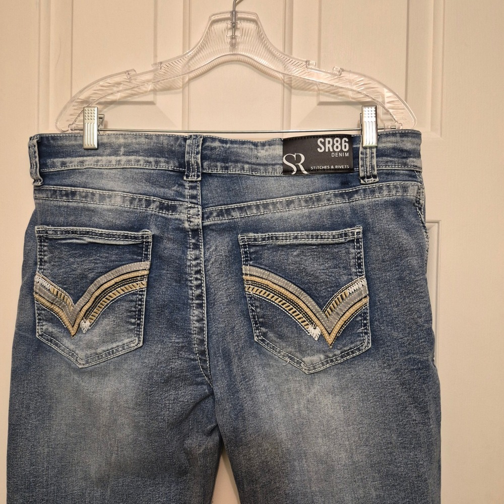 Stitches & Rivets SR86 Mens Bootcut Stretch Jeans 34x32 Medium Wash Blue Denim - Picture 3 of 6